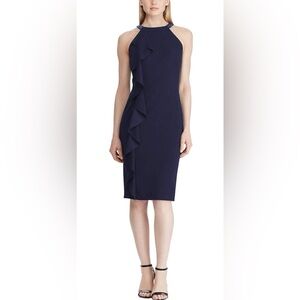Elegant Ralph Lauren NWT Navy Ponte Beaded Halter Ruffled Knee Length Dress 12
